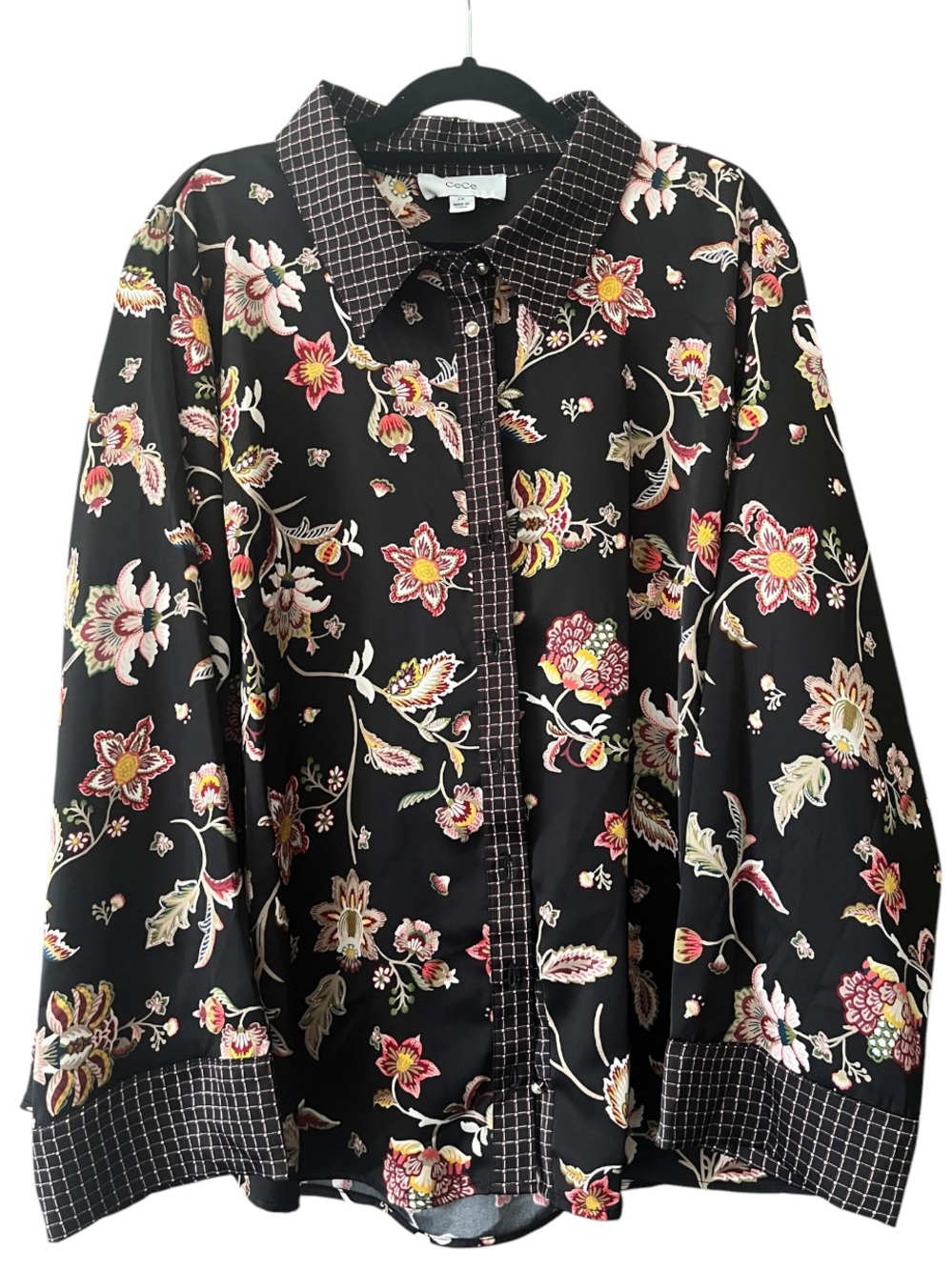 CeCe Black Floral Button-Down Shirt with Pink & Cream Accents